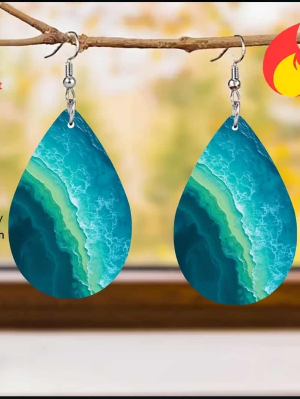 1pr. Teardrop Ocean Wave Earrings - Blue Green - Unbranded